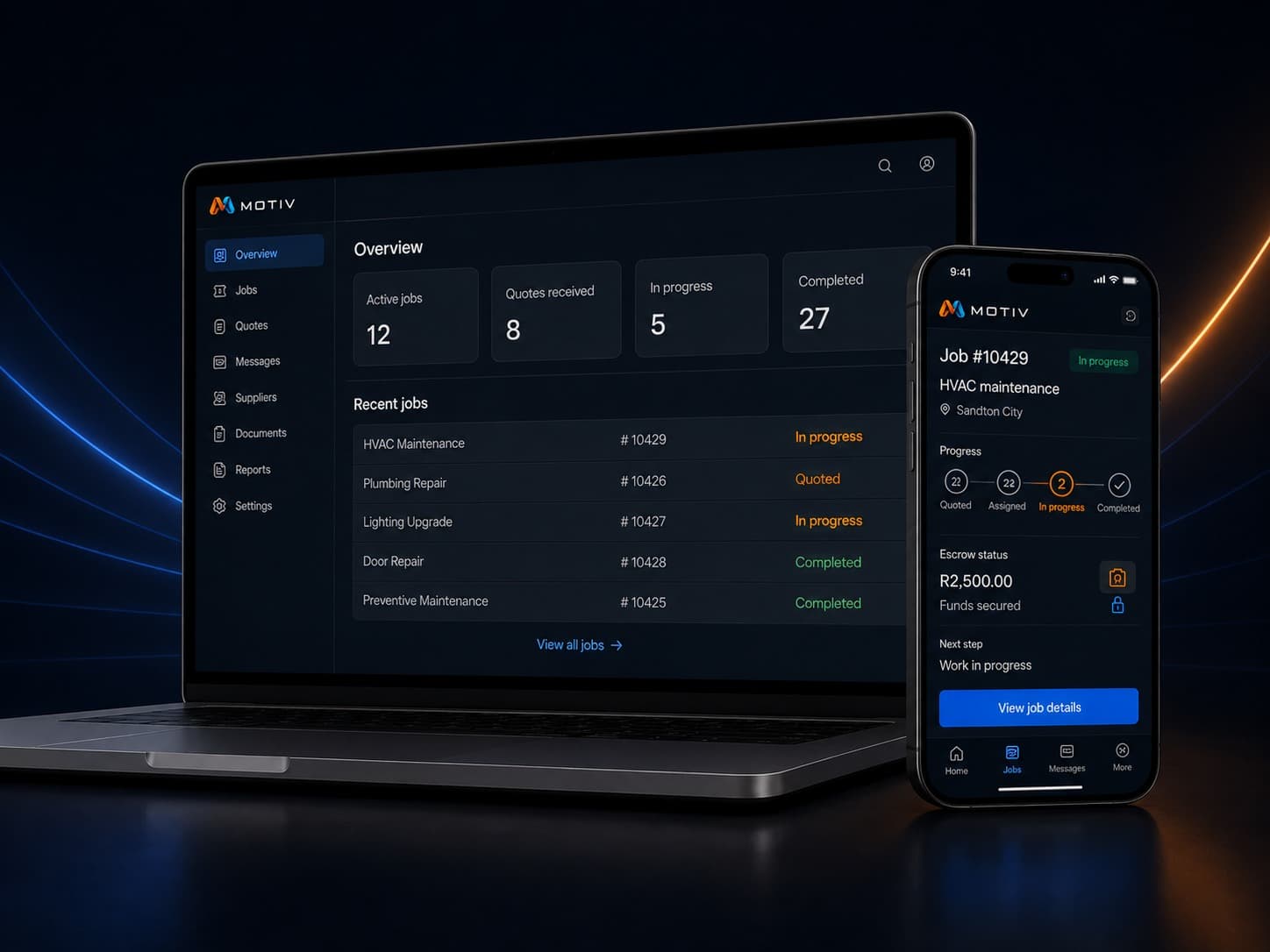 The MOTIV Overview dashboard on a laptop, with the same job open on a phone beside it